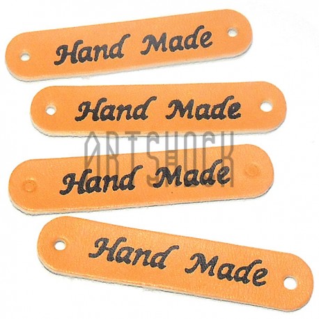 Набор декоративных бирок (нашивок, лейбл, табличек) "Hand Made" оранжевых под кожу, 5 x 1 см., 4 штуки, REGINA
